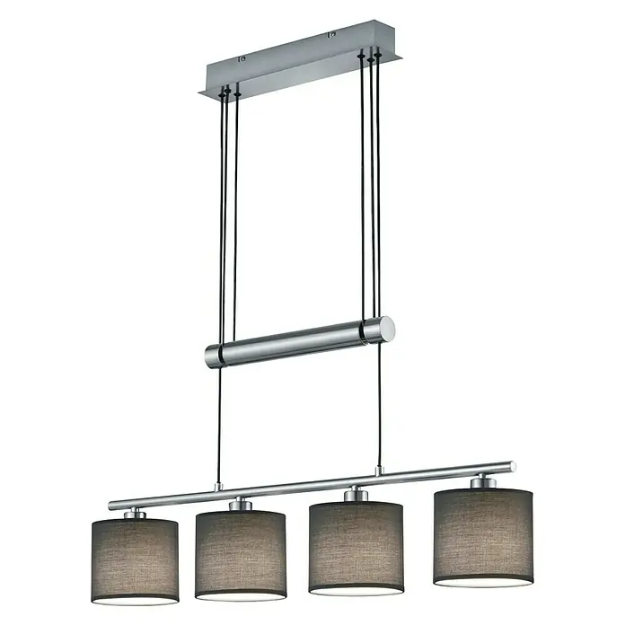 Trio Leuchten Pendelleuchte Garda - 112 W, Grau, Nickel matt, E14 - Elegante Pendelleuchte mit vier grauen Lampenschirmen, die ein stilvolles und modernes Ambiente erzeugt. Perfekt für Esszimmer oder Wohnbereiche.