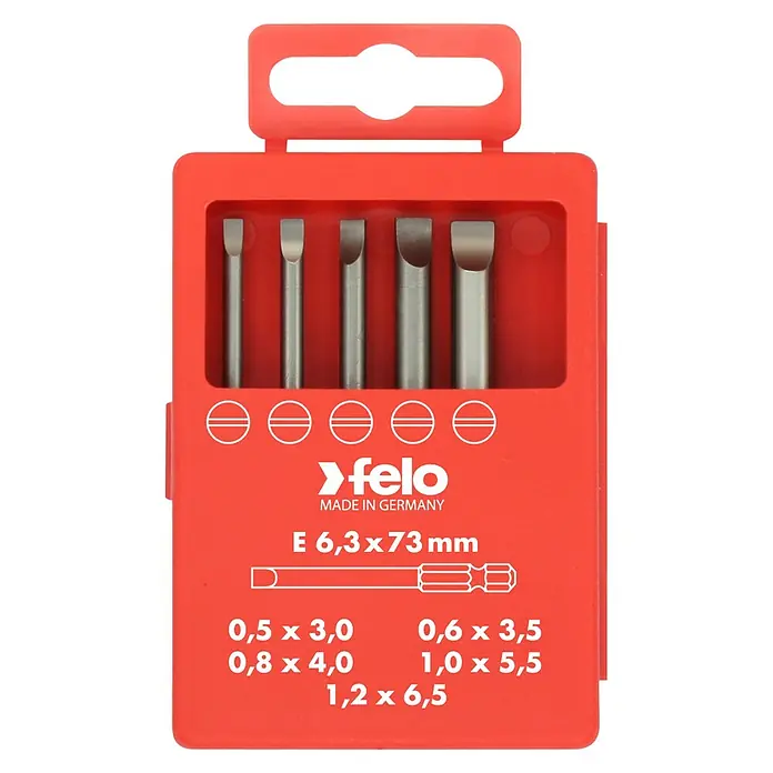 Felo Bit-Box Profi Industrie E 6,3 x 73 mm - 5 -tlg., SL - Felo Schlitzschraubendreher-Bit-Set in roter Aufbewahrungsbox.