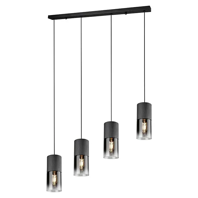 Trio Leuchten Robin Pendelleuchte - 112 W, B x H: 80,5 x 150 cm, Schwarz matt, E27, Anzahl Leuchtmittel: 4 Stk. - Moderne Pendelleuchte mit vier grauen Lampenschirmen und klaren Glaselementen, die warmes Licht spenden.