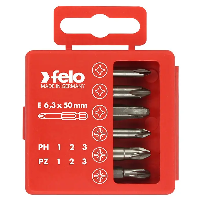 Felo Bit-Box Profi Industrie E 6,3 x 50 mm - 6 -tlg., PH/PZ - Abbildung eines Felo-Bit-Sets in roter Verpackung mit verschiedenen Schrauber-Bits.