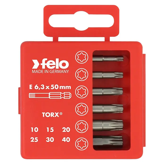 Felo Bit-Box Profi Industrie E 6,3 x 50 mm - 6 -tlg., Torx - Aufnahme des Felo TORX® Bit-Sets, das 6 Größen enthält und in einer roten Verpackung mit Aufhänger geliefert wird.