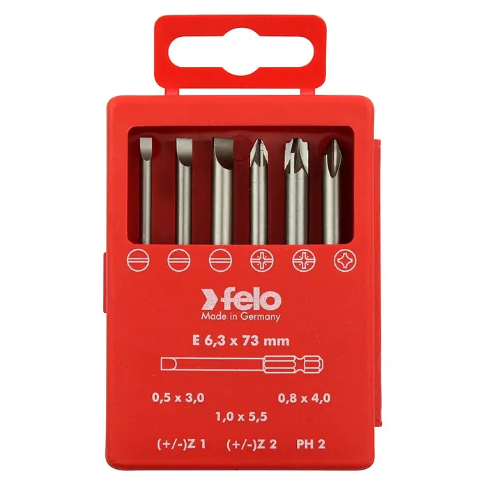 Felo Bit-Box Profi Industrie E 6,3 x 73 mm - 6 -tlg., SL/Z/PH - Ein rotes Felo Bit-Set, bestehend aus sechs verschiedenen Schraubendreher-Bits, ideal für diverse Schraubarbeiten. Made in Germany.