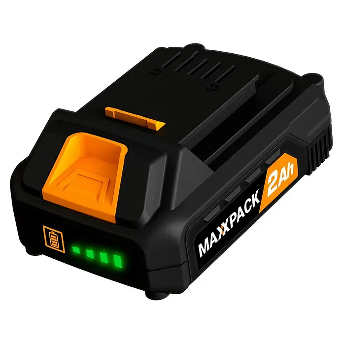 Batavia Maxxpack Akku - 18 V, 2 Ah, Li-Ionen - Ein Maxxpack 2Ah Akku. Der Akku ist schwarz mit orangefarbenen Akzenten und verfügt über eine Ladeanzeige.