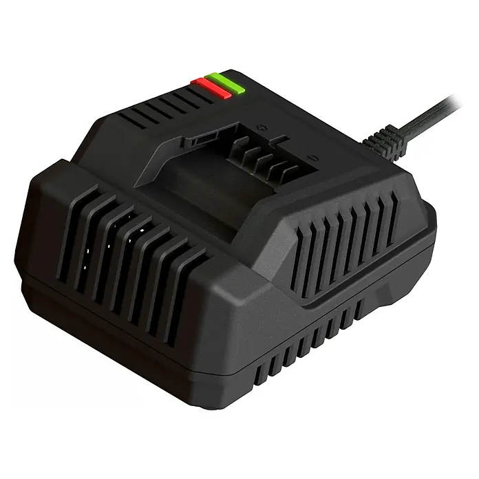 Batavia Maxxpack Ladegerät - 18 V, 2,4 Ah - Ein schwarzes Akkuladegerät mit roten und grünen LEDs. Das Ladegerät hat ein Netzteil und Kühlrippen zur Wärmeableitung.