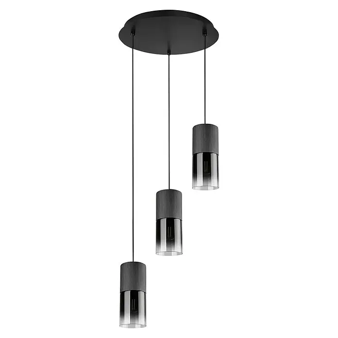 Trio Leuchten Robin Pendelleuchte - 84 W, B x H: 37 x 150 cm, Schwarz, E27, Anzahl Leuchtmittel: 3 Stk. - Elegante Pendelleuchte mit drei zylindrischen Lampenschirmen in Grau und Transparent, ideal für moderne Interieurs.