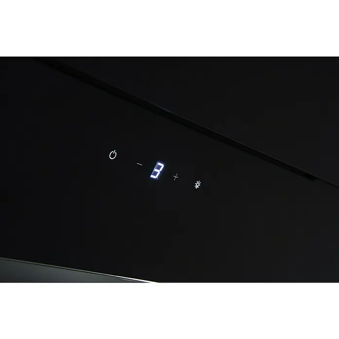 Respekta Schräghaube Nika - Breite: 89,5 cm, Max. Gebläseleistung Abluftbetrieb: 616,4 m³/h, Schwarz - Nahaufnahme der Bedienelemente einer Dunstabzugshaube mit digitaler Anzeige, die auf Stufe 3 eingestellt ist.