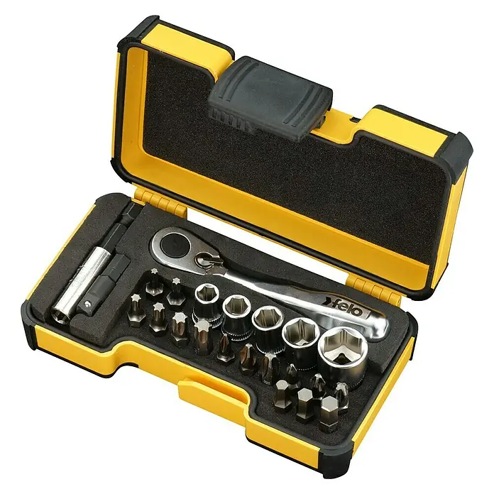 Felo Steckschlüsseleinsatz-Set - ¼″, 23 -tlg. - Das Felo Werkzeugset mit Ratsche und verschiedenen Bits in einem gelben Koffer. Perfekt für Heimwerker und Profis.