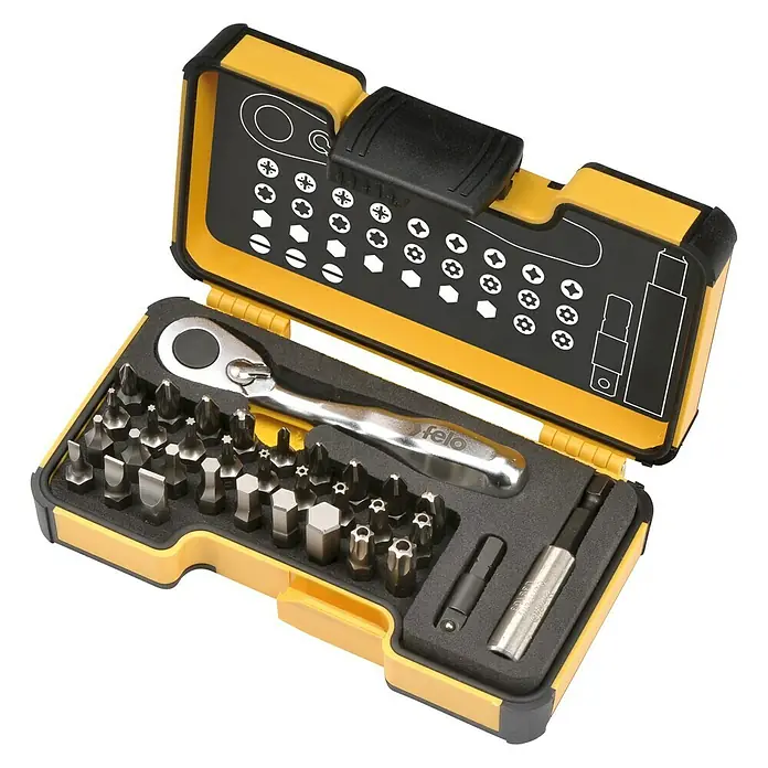 Felo Bit-Set XS Strongbox - 33 -tlg., Bitlänge: 25 mm - Ein gelber Werkzeugkasten mit einer Vielzahl von Schraubendreher-Bits, einem Ratschenschlüssel und einem magnetischen Bithalter.