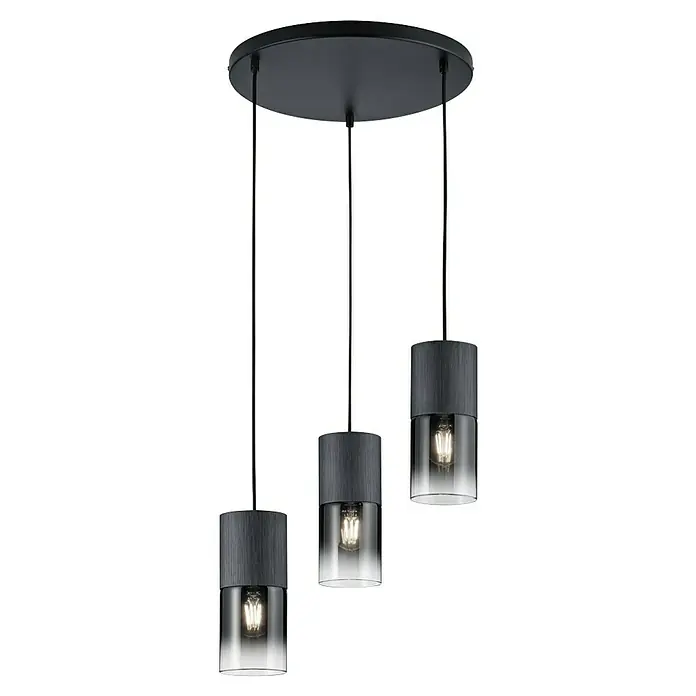 Trio Leuchten Robin Pendelleuchte - 84 W, B x H: 37 x 150 cm, Schwarz, E27, Anzahl Leuchtmittel: 3 Stk. - Elegante Hängeleuchte mit drei zylindrischen Lampenschirmen in Grau und transparentem Glas, die ein warmes Licht verbreitet.