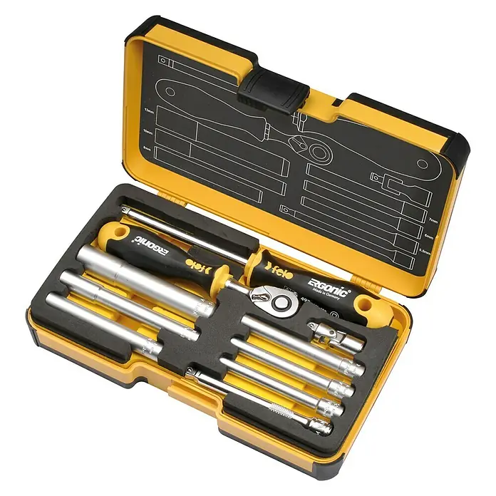 Felo Steckschlüsseleinsatz-Set - ¼″, 10 -tlg. - Gelber Werkzeugkasten mit Felo Ergonic Werkzeugen, einschließlich Schraubendreher und Steckschlüssel. Ideal für Profis und Heimwerker.