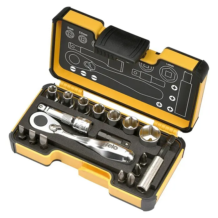 Felo Steckschlüsseleinsatz-Set XS INCH - ¼″, 18 -tlg. - Kompaktes Felo Werkzeugset in gelb-schwarzem Koffer, ideal für unterwegs und den täglichen Gebrauch. Enthält verschiedene Bits und Nüsse.