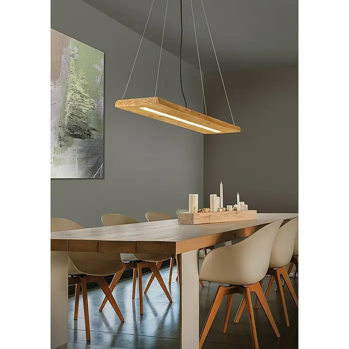 Trio Leuchten Brad LED-Pendelleuchte - 27 W, L x B x H: 20 x 100 x 150 cm, Holz, Warmweiß - Elegante Esszimmerleuchte mit Holzrahmen und integrierter LED-Beleuchtung, die eine warme und einladende Atmosphäre schafft.