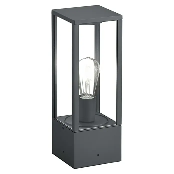 Trio Leuchten Garonne Außenwegeleuchte - 60 W, Farbe Gehäuse: Anthrazit, Ohne Leuchtmittel, Höhe: 40 cm, Ohne Bewegungsmelder - Nahaufnahme einer modernen anthrazitfarbenen Außenleuchte mit Glühbirne, die ein stilvolles Design und funktionale Beleuchtung vereint.
