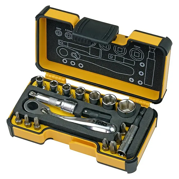 Felo Steckschlüsseleinsatz-Set - ¼″, 18 -tlg. - Ein gelb-schwarzer Werkzeugkasten, geöffnet, mit diversen Steckschlüsseln und einem Ratschenschraubendreher, ordentlich in Schaumstoffeinlagen platziert.
