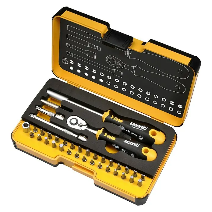 Felo Bit-Set XL-Strongbox - 36 -tlg., Bitlänge: 25 mm - Gelber Werkzeugkasten mit Schraubendrehern und Bits. Ein komplettes Set für Reparaturen und Heimwerkerprojekte.