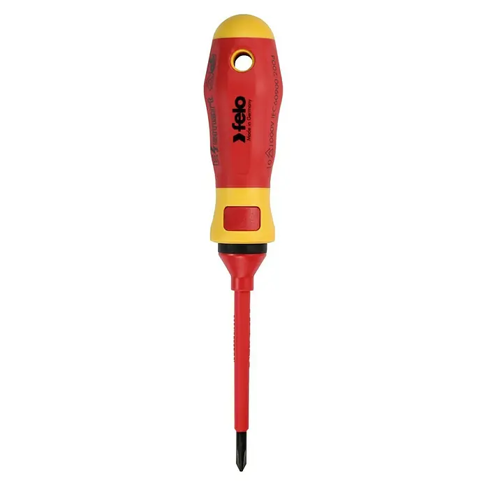 Felo Schraubendreher-Set E-Smart VDE - 14 -tlg. - Abgebildeter isolierter Schraubendreher von Felo, ideal für Arbeiten unter Spannung bis 1000V, mit ergonomischem Griff für komfortablen Halt.