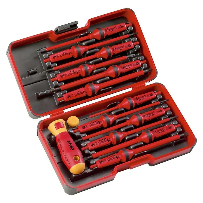 Felo Schraubendreher-Set E-Smart VDE - 14 -tlg. - Ein roter Werkzeugkasten mit einer Auswahl an E-Smart-Schraubendrehern und einem gelb-roten Felo-Griff.