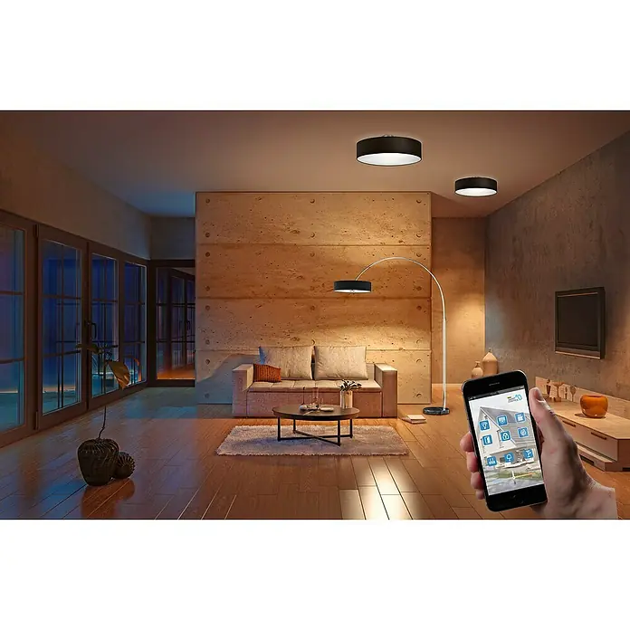 Trio Leuchten Deckenleuchte rund - 300 W, Weiß, E27 - Moderne Wohnrauminszenierung mit smarten Leuchten, gesteuert über eine App. Elegante Deckenleuchten und eine Bogenlampe setzen Akzente.