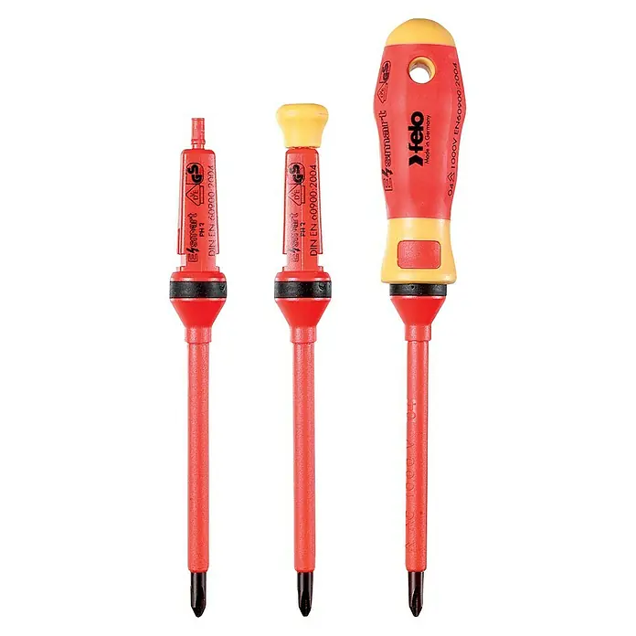 Felo Schraubendreher-Set E-Smart VDE - 14 -tlg. - Abbildung von drei isolierten E-Smart Schraubendrehern von Felo, hergestellt in Deutschland für sicheres Arbeiten.