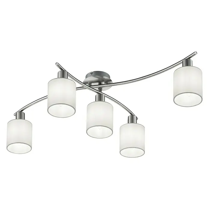 Trio Leuchten Deckenleuchte Garda - 25 W, L x B x H: 7,5 x 44,2 x 22 cm, E14, Weiß - Deckenleuchte mit fünf Lampen mit Zylinderförmigen Lampenschirmen aus mattiertem Glas und einem silbernen Metallgehäuse.