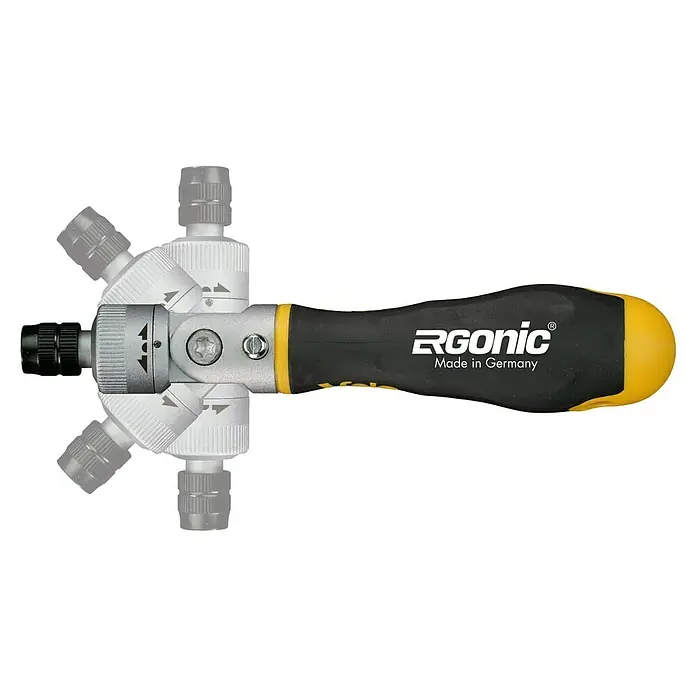 Felo Steckschlüsseleinsatz-Set ERGONIC® K - ¼″, 20 -tlg. - Eine Nahaufnahme eines Vola Ergonic Ratschenschraubendrehers mit gelb-schwarzem Griff und mehreren schwenkbaren Köpfen auf schwarzem Hintergrund.