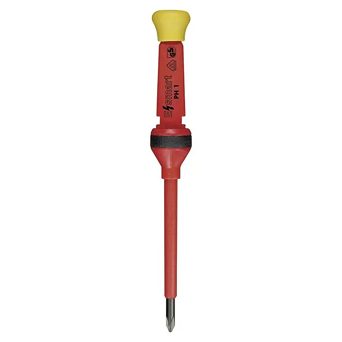 Felo Schraubendreher-Set E-Smart VDE - 14 -tlg. - Abbildung eines E-smart PH 1 Schraubendrehers mit gelbem Griff und rotem Schaft, isoliert für Elektrikerarbeiten.