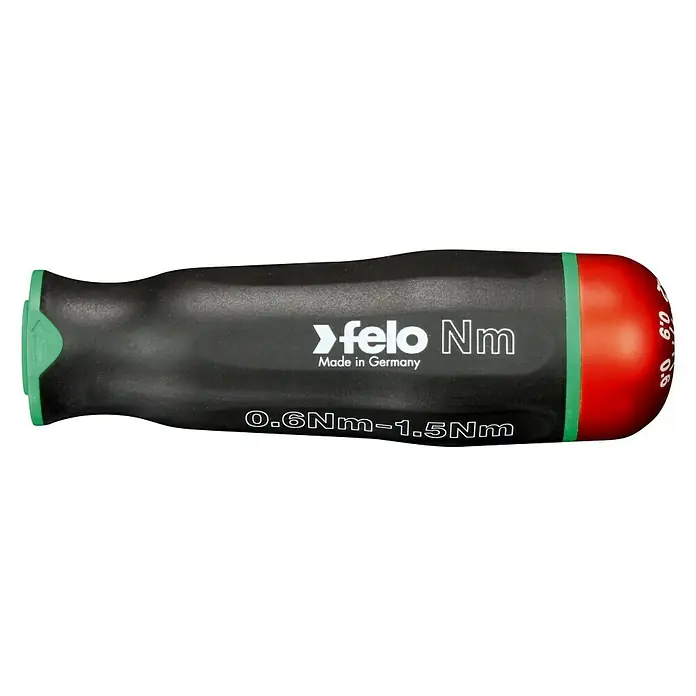 Felo Schraubendreher-Set NM-Box - 14 -tlg., Drehmoment: 0,6 Nm - 1,5 Nm - Nahaufnahme eines Felo Nm Drehmomentschraubendrehers mit schwarzem Griff und roten und grünen Akzenten. Hergestellt in Deutschland.