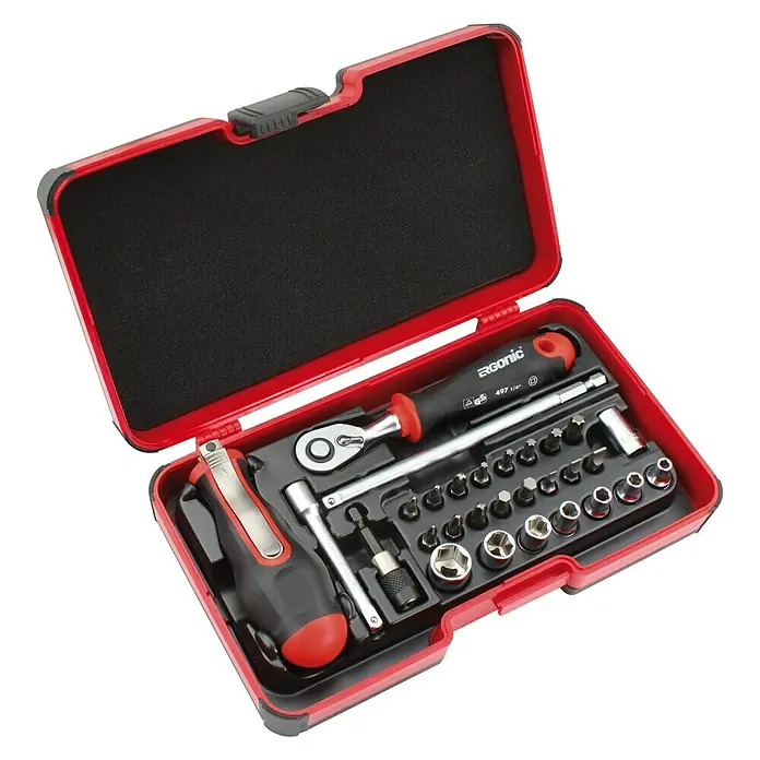 Felo Schraubendreher-Set XL-Strongbox Smart Evo mit Ratsche - 29 -tlg. - Werkzeugkasten mit Ergonic Schraubendrehern, Steckschlüsseln und Bits. Ideal für Reparaturen und Heimwerkerarbeiten.