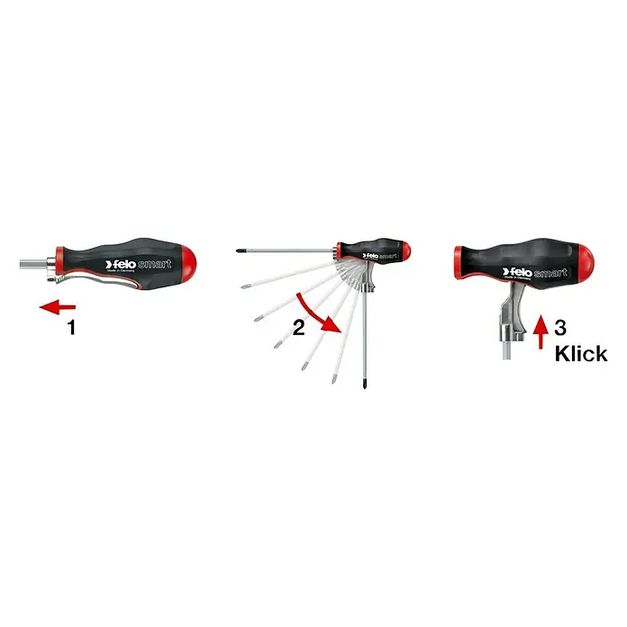 Felo Schraubendreher-Set XL-Strogbox Smart Evo M-Tec - 20 -tlg. - Das Bild zeigt einen Felo Smart Schraubendreher mit verschiedenen Aufsätzen und Funktionen, dargestellt in drei verschiedenen Ansichten.