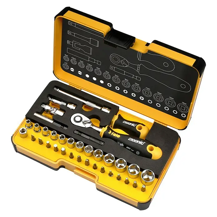 Felo Steckschlüsseleinsatz-Set R-GO XL - ¼″, 36 -tlg. - Gelb-schwarzer Werkzeugkasten mit einer Vielzahl von Steckschlüsseleinsätzen, einem Schraubenschlüssel und Verlängerungen, ideal für Reparaturen.