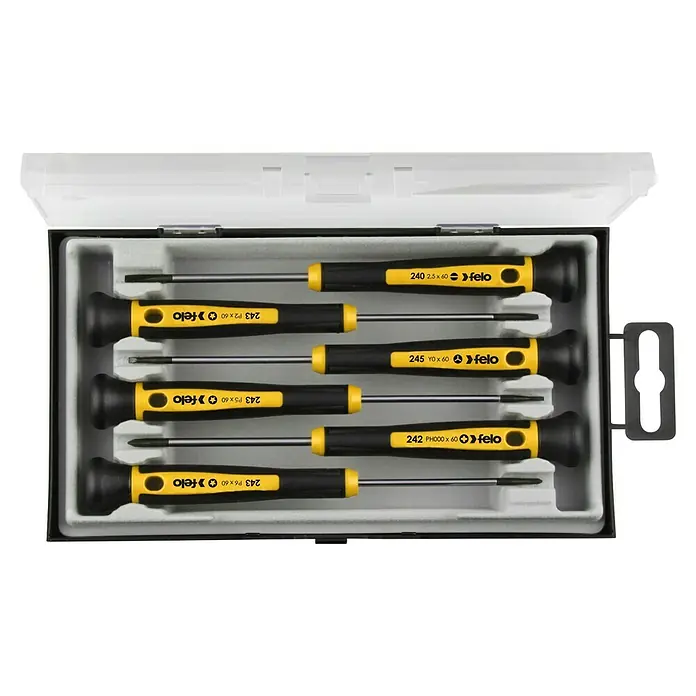 Felo Schraubendreher-Set SD Präzision - 6 -tlg., Schlitz und Kreuzschlitz PH/PZ - Satz Präzisionsschraubendreher von Felo, ideal für filigrane Arbeiten. Sortiert in einer übersichtlichen Box, perfekt für Elektronik und Modellbau.