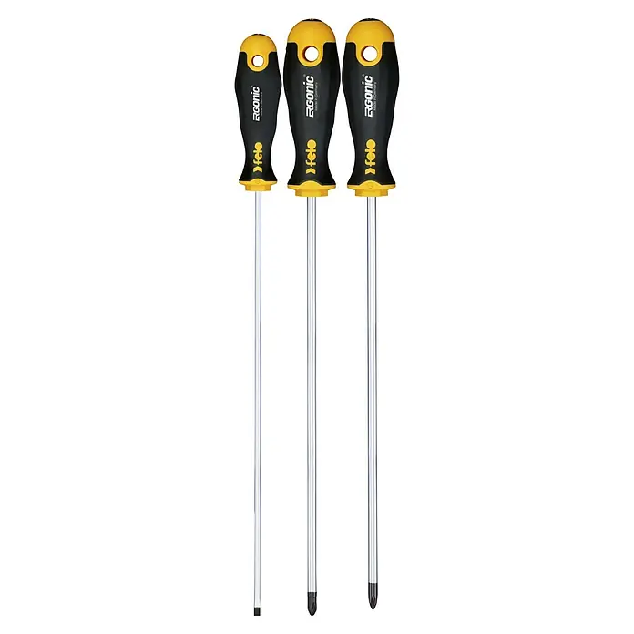 Felo Schraubendreher-Set ERGONIC® - 3 -tlg., Geeignet für: Schlitz und Kreuzschlitz PH/PZ - Drei ERGONIC Schraubendreher mit gelb-schwarzen Griffen und silberfarbenen Schäften. Ideal für präzise Schraubarbeiten.