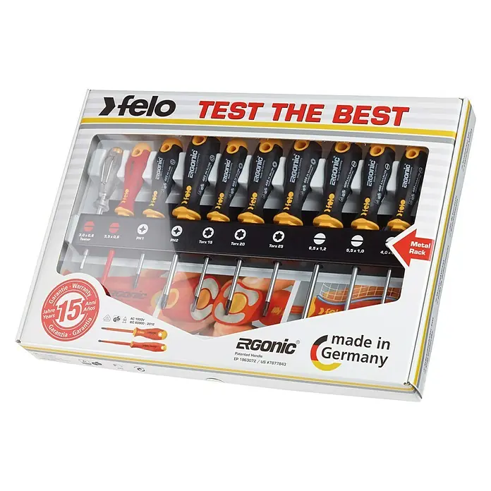 Felo Schraubendreher-Set Ergonic® XL Rack - 10 -tlg., Schlitz und Kreuzschlitz PH - Sortiment von Felo Ergonic Schraubendrehern mit Metallständer, ideal für Profis und Heimwerker.