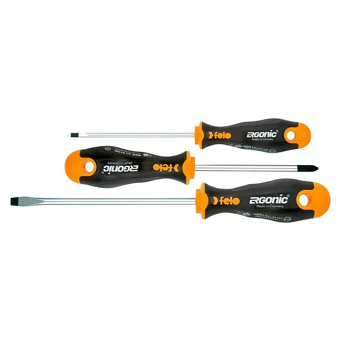 Felo Schraubendreher-Set ERGONIC® - 3 -tlg., Geeignet für: Schlitz und Kreuzschlitz PH - Drei Felo Ergonic Schraubendreher mit schwarzen und orangenen Griffen. Ideal für präzise Schraubarbeiten.