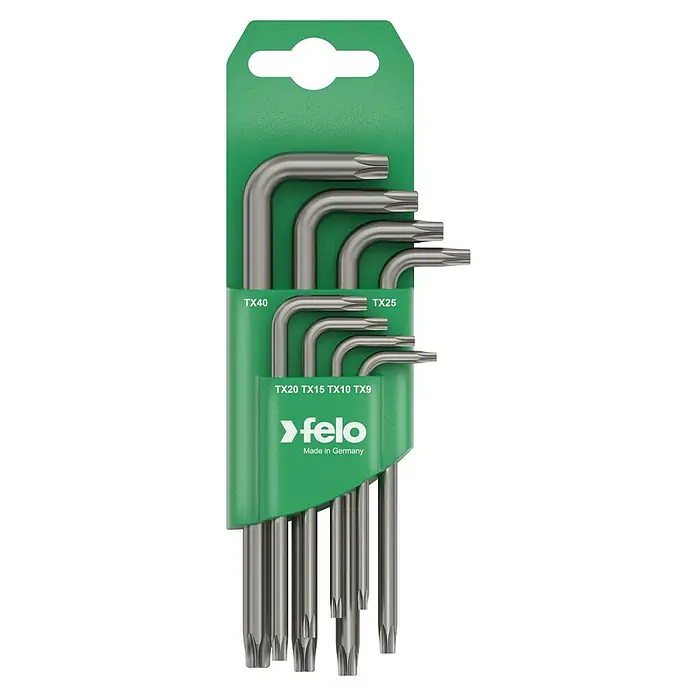 Felo Winkelschlüssel-Set - 8 -tlg. - Satz Torx-Schlüssel von Felo, Größen TX9 bis TX40, in grüner Halterung. Hochwertiges Werkzeugset für verschiedene Schraubanwendungen.