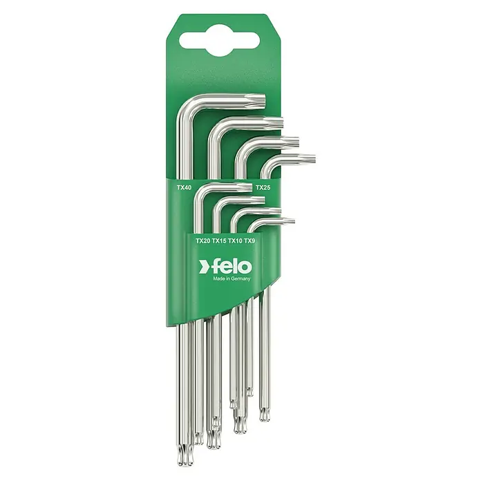 Felo Winkelschlüssel-Set Kugelkopf - 8 -tlg. - Satz Felo TX40-TX9 Torx-Schlüsseln in grüner Halterung. Hochwertiges Werkzeugset für professionelle Anwendungen und Heimwerker, hergestellt in Deutschland.