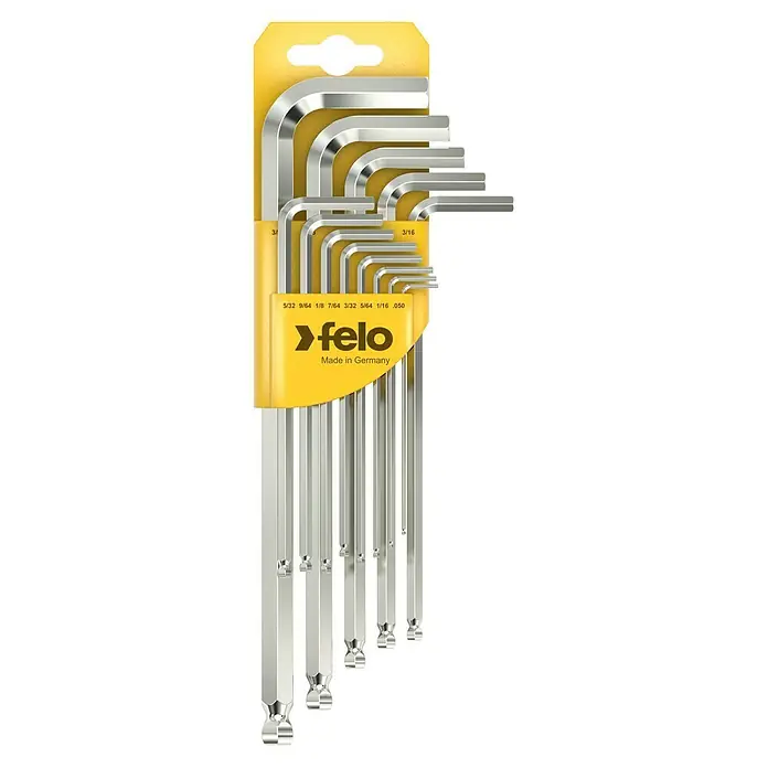 Felo Winkelschlüssel-Set - 13 -tlg. - Ein Set von Felo Innensechskantschlüsseln, geordnet in einer gelben Halterung, perfekt für jede Werkstatt. Hochwertige Werkzeuge für präzise Arbeiten.