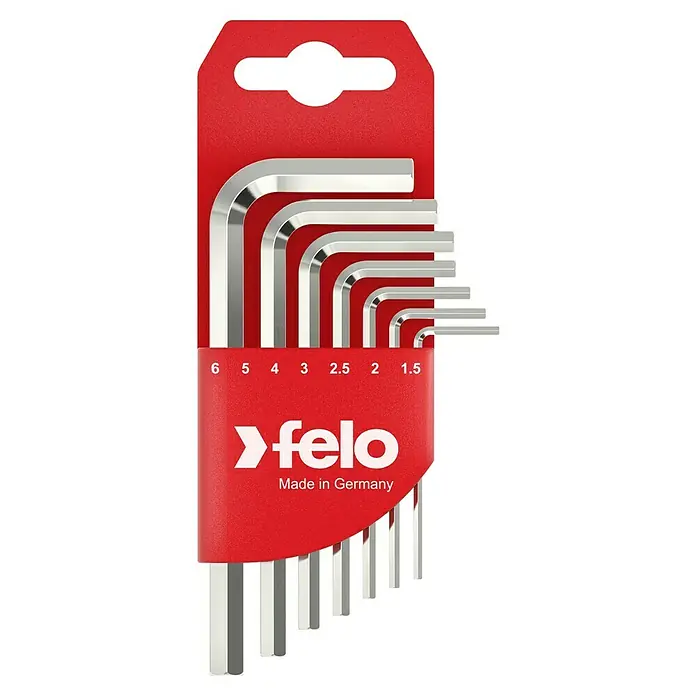 Felo Winkelschlüssel-Set - 7 -tlg. - Ein Satz Felo Innensechskantschlüssel, Größen 6 bis 1,5, in einer roten Halterung. Hergestellt in Deutschland, ideal für diverse Schraubanwendungen.