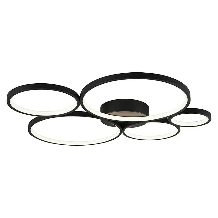 Trio Leuchten Rondo LED-Deckenleuchte - 49 W, L x B x H: 53 x 59 x 5,5 cm, Schwarz, Warmweiß - Moderne LED-Deckenleuchte mit schwarzem Rahmen und kreisförmigen Lichtelementen für eine stilvolle Beleuchtung.