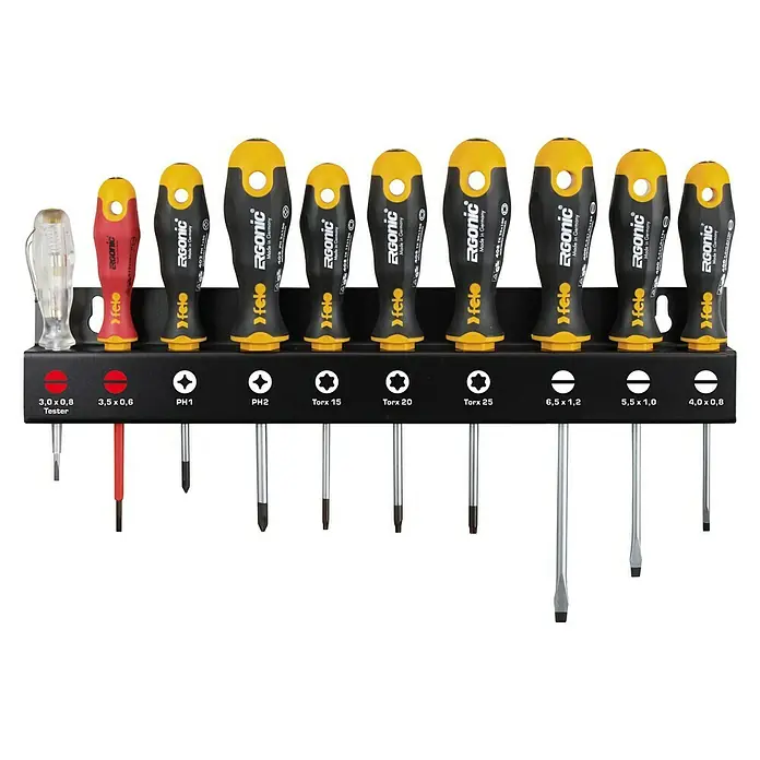 Felo Schraubendreher-Set Ergonic® XL Rack - 10 -tlg., Schlitz und Kreuzschlitz PH - Eine Nahaufnahme eines Felo Ergonic Schraubendreher-Sets mit verschiedenen Größen und Typen, die in einem schwarzen Halter angeordnet sind.