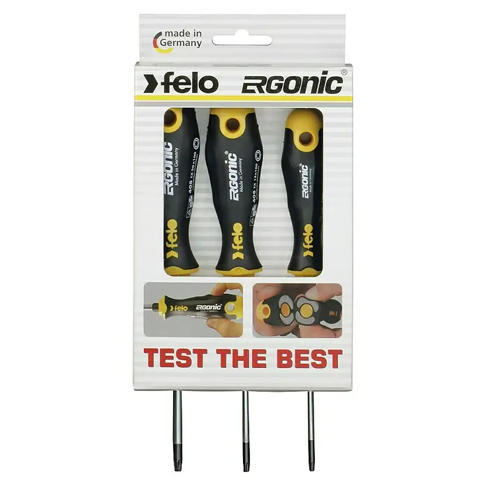 Felo Schraubendreher-Set ERGONIC® - 3 -tlg., Geeignet für: TORX®-Schrauben - Felo RGONIC Schraubendreher-Set in der Verpackung. Dieses Set enthält hochwertige Schraubendreher für präzise Arbeiten.