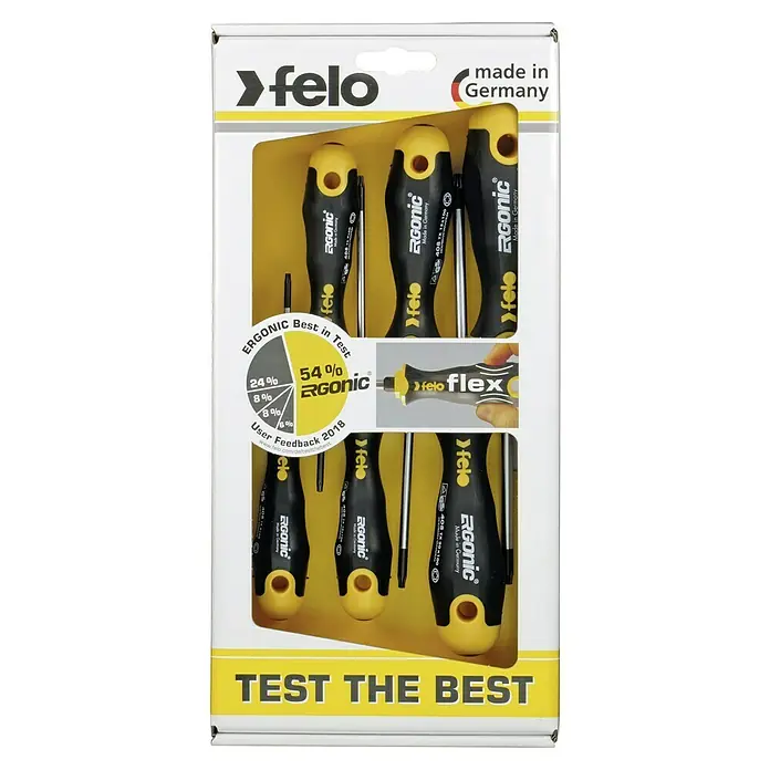 Felo Schraubendreher-Set ERGONIC® B - 6 -tlg., Geeignet für: TORX®-Schrauben - Schraubendrehersatz von Felo, bestehend aus sechs ergonomischen Schraubendrehern mit gelb-schwarzem Griff für optimalen Halt und effizientes Arbeiten.