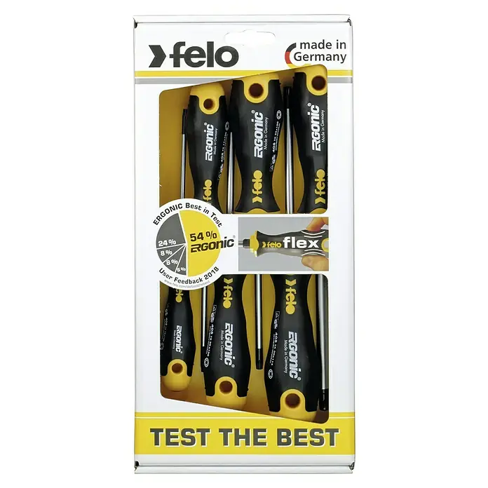 Felo Schraubendreher-Set ERGONIC® - 6 -tlg., Geeignet für: TORX®-Schrauben - Eine Packung Felo Ergonic Schraubendreher, hergestellt in Deutschland, die für ihre ergonomische Form und hohe Qualität bekannt sind.