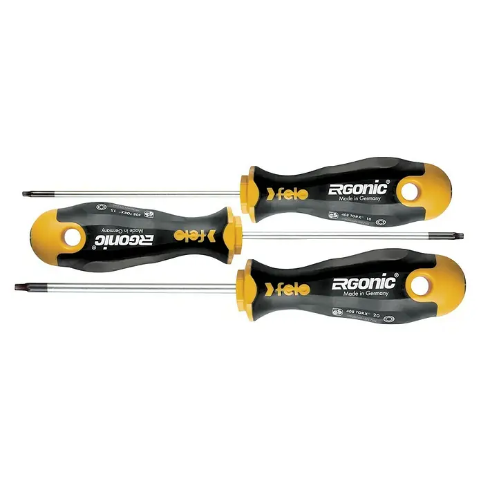 Felo Schraubendreher-Set ERGONIC® - 3 -tlg., Geeignet für: TORX®-Schrauben - Ein Satz von drei Felo Ergonic Torx Schraubendrehern in verschiedenen Größen, hergestellt in Deutschland, mit ergonomischem Griffdesign.