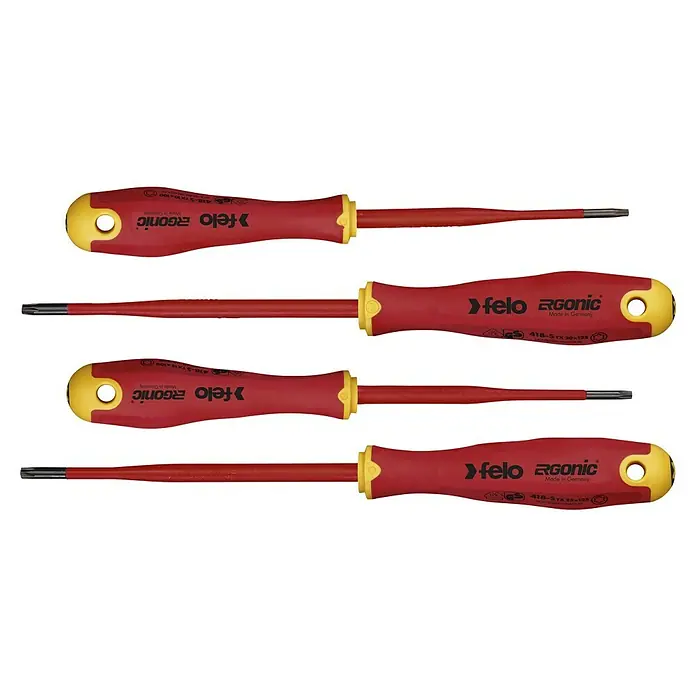 Felo Schraubendreher-Set ERGONIC® VDE E-Slim - 4 -tlg., Geeignet für: TORX®-Schrauben - Abbildung eines Sets von vier roten Felo Ergonic Schraubendrehern mit gelben Akzenten, die für ihre ergonomische Griffform bekannt sind.