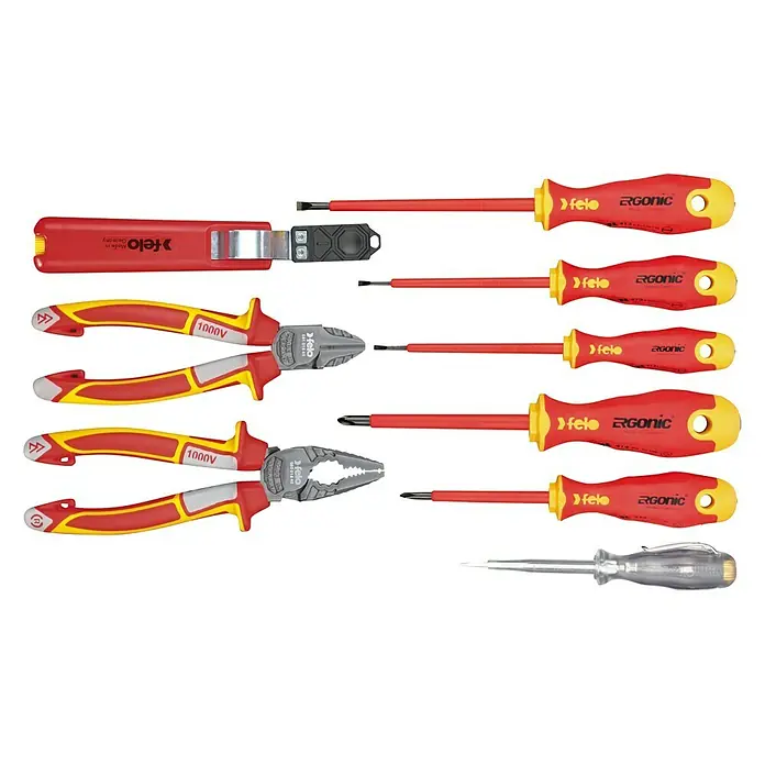 Felo Werkzeuggürtel-Set Ergonic VDE - 9 -tlg. - Vielfältiges Felo Werkzeugset mit Schraubendrehern und Zangen, isoliert für Arbeiten bis 1000V, ideal für professionelle Elektriker.