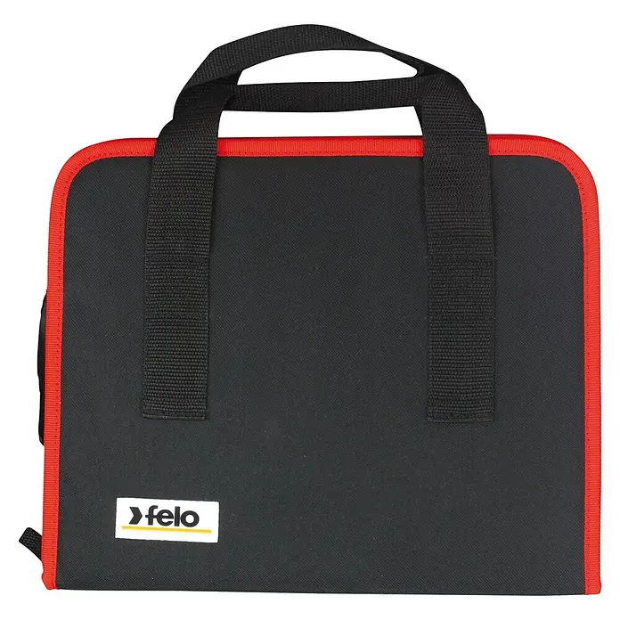 Felo Werkzeugtasche Ergonic E-Slim VDE - 11 -tlg. - Werkzeugtasche in Schwarz mit roten Akzenten und Tragegriffen, auf der das Felo-Logo zu sehen ist.
