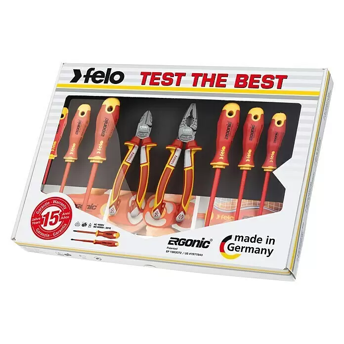 Felo Set de destornilladores Ergonic - 8 pzs. - Set profesional Felo de destornilladores y alicates en caja, con mangos ergonómicos aislados 1000V rojos y amarillos. Fabricado en Alemania.