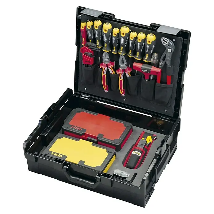 Felo Werkzeugkoffer ERGONIC® L-Box VDE - L x B x H: 60,7 x 35,8 x 15,2 cm, 75 -tlg. - Geöffneter Werkzeugkoffer von Felo mit diversen Werkzeugen wie Schraubendrehern, Zangen und Steckschlüsseln.