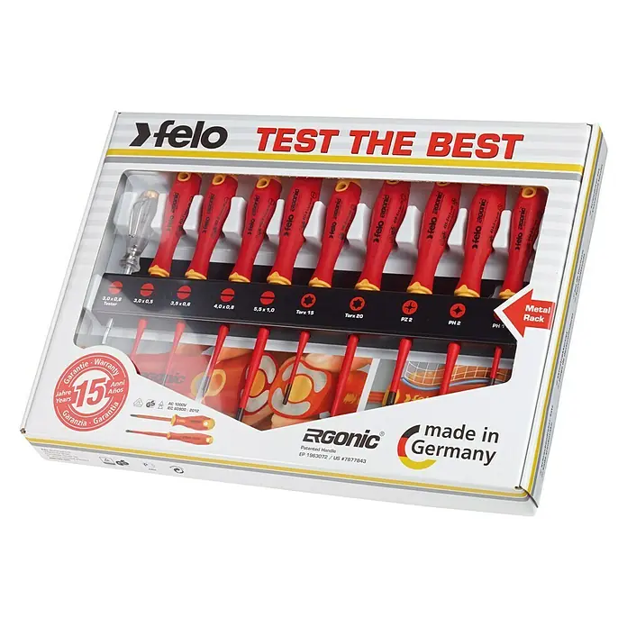 Felo Schraubendreher-Set ERGONIC® CDE E-slim XL Rack - 10 -tlg. - Set isolierter Schraubendreher von Felo, ideal für sichere Arbeiten. Hochwertige Werkzeuge für Profis und Heimwerker.